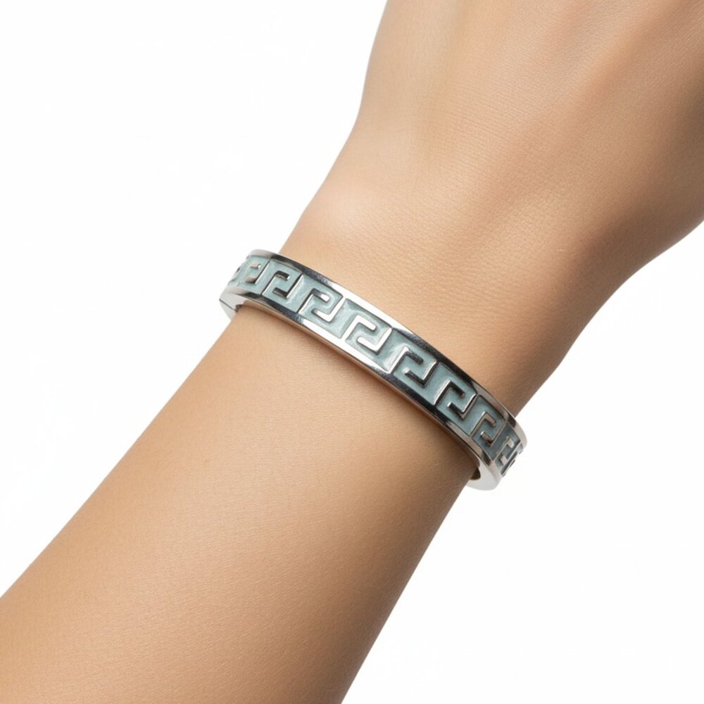Greek Key Meander Hinged Cuff Bangle Bracelet Enamel Silver Tone Metal Classic